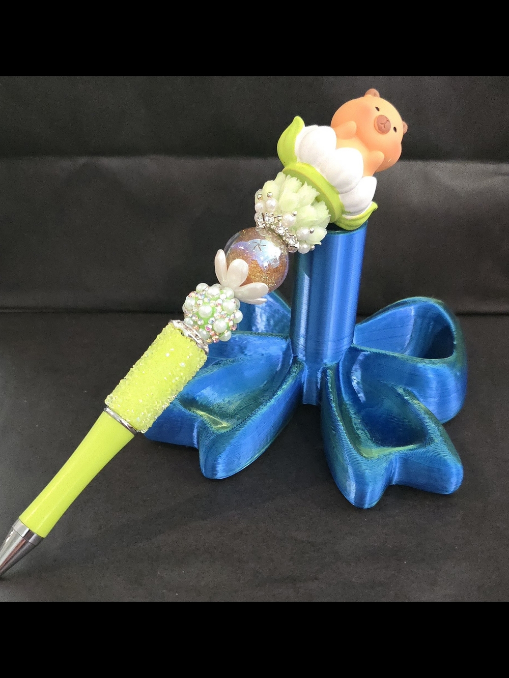Cute Bear Flower Top Neon Green Beaded Pen